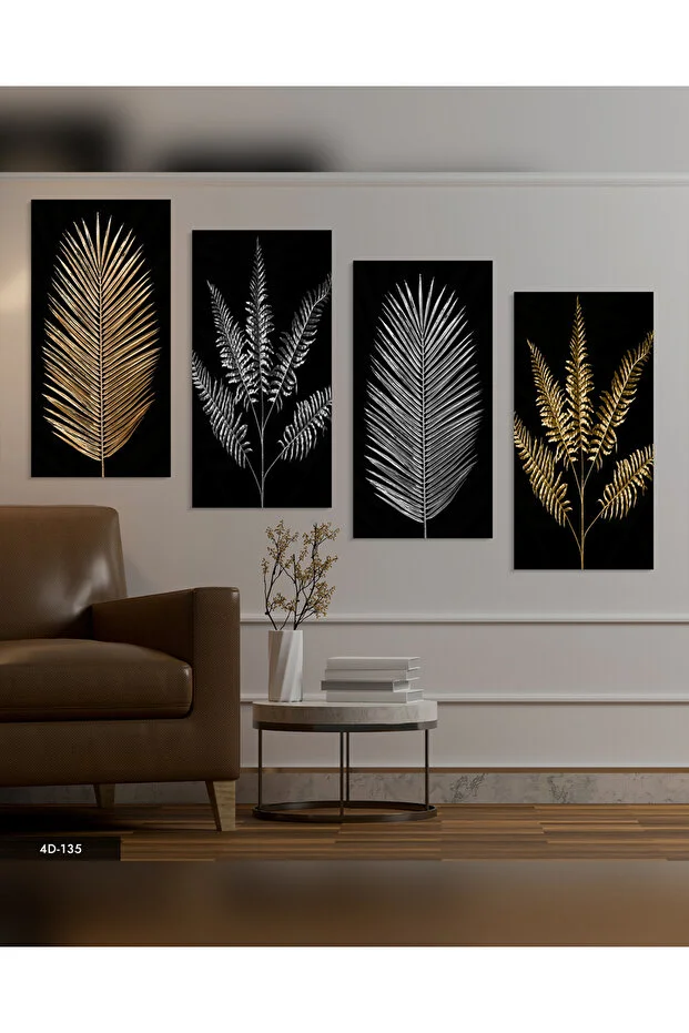 Gold Gümüş Yaprak Desen 4 Parçalı Mdf Tablo